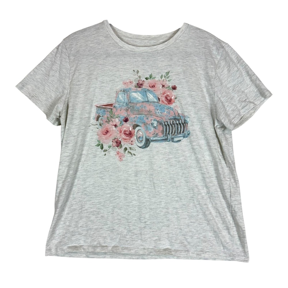 Fleurish Shirt Womens Large Gray Floral Truck Graphic Crewneck Short Sleeve